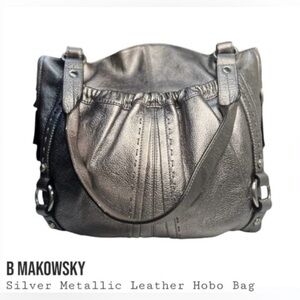 NWT B MAKOWSKY Pebbled Leather Hobo Boho w/Side Zipper Purse - Silver/Pewter